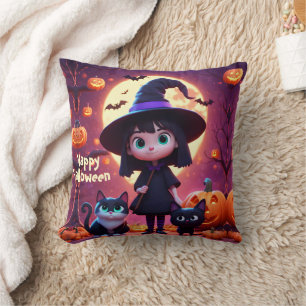 Cute little witch with cats and pumpkins, custom throw pillow