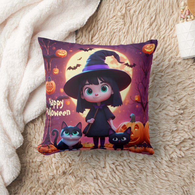Cute little witch with cats and pumpkins, custom  throw pillow (Blanket)