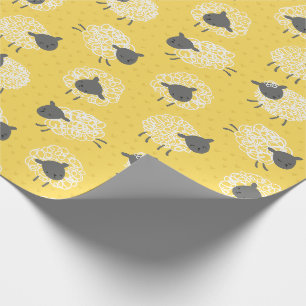 Cute Little Wooly Sheep white brown on yellow Wrapping Paper