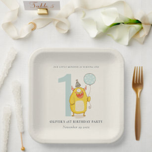 Cute Little Yellow Aqua Monster Any Age Birthday Paper Plate
