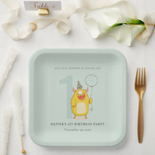 Cute Little Yellow Aqua Monster Any Age Birthday Paper Plate