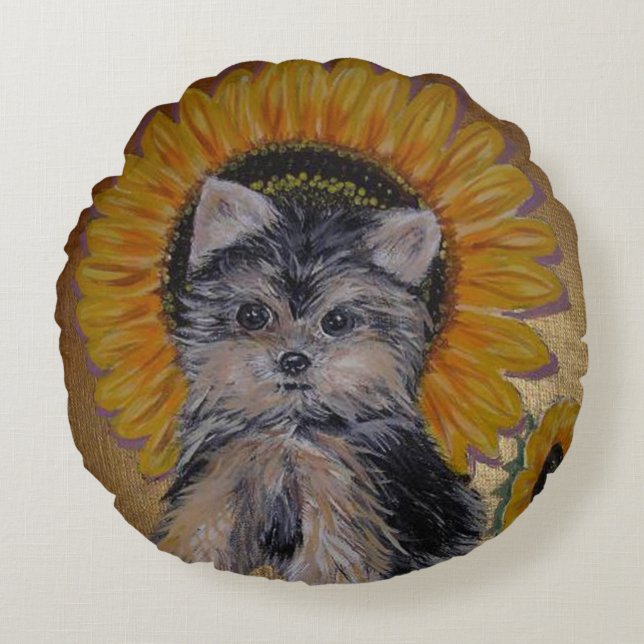 Cute Little Yorkie and Sunflowers Round Pillow (Front)