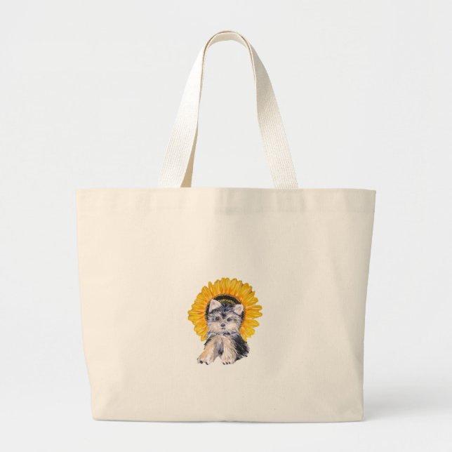 Cute little Yorkshire puppy dog & sunflower art Large Tote Bag (Front)