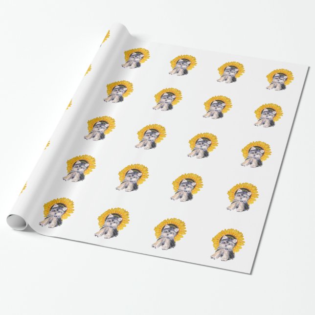 Cute little Yorkshire puppy dog & sunflower art Wrapping Paper (Unrolled)