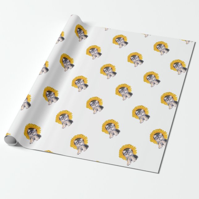 Cute little Yorkshire puppy dog & sunflower art Wrapping Paper (Unrolled)