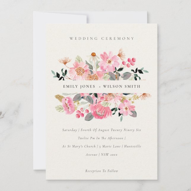 Cute Lively Pink Watercolor Floral Wedding Invite (Front)