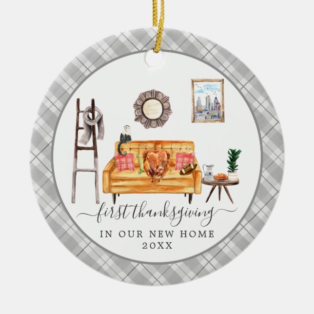 Cute Living Room | First Thanksgiving New Home Ceramic Ornament (Front)