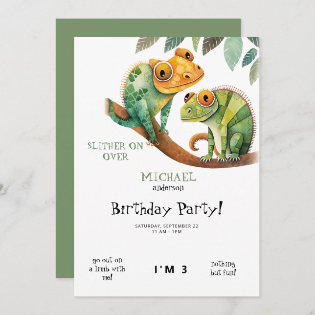 Cute Lizard Boy Invitation de fête d'anniversaire (Devant / Derrière)
