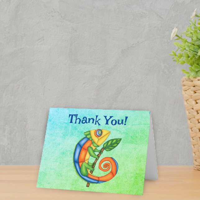 Cute Lizard Bright Colours Leaf Twig Green Blue Thank You Card (Brightly coloured fantasy cute lizard with leaf on green blue mix Thank You cards.)