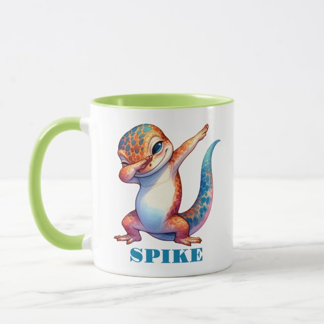 Cute Lizard Dabbing Orange Blue Green Mug (Left)
