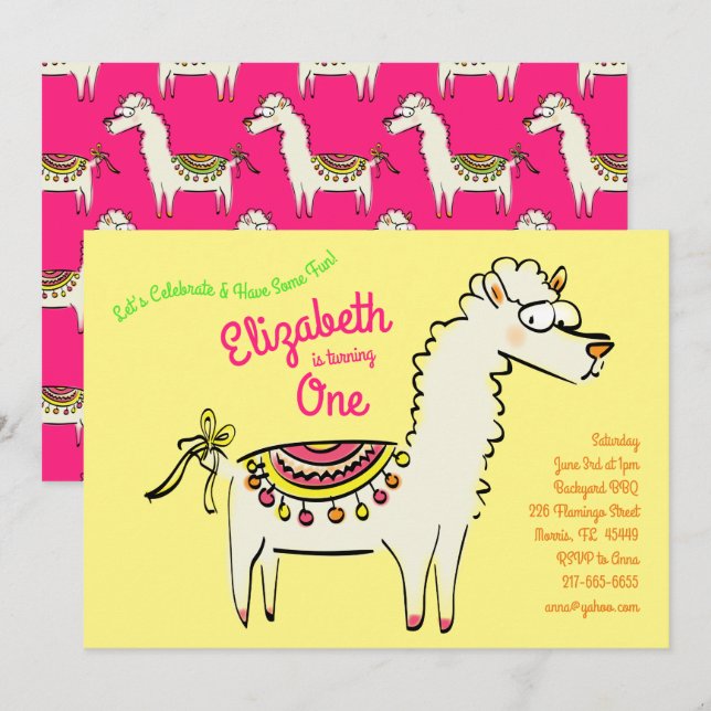 Cute Llama Alpaca 1st Birthday Party Kids Invitation (Front/Back)