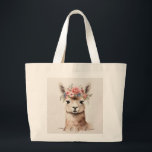 Cute Llama Alpaca and Flower say Love  Large Tote Bag<br><div class="desc">Watercolor vintage style of cute llama alpaca tote bag with flower crown on a beige background and the word 'LOVE... ' on front and 'lalala LOVE' on back This design was created through digital art. It's personalized by clicking the customize button and adding a name, initials or your favourite words....</div>