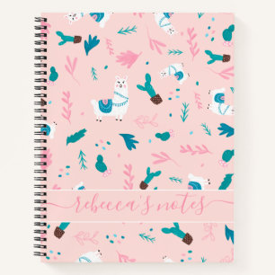 Cute llama alpaca pink teal illustration pattern notebook