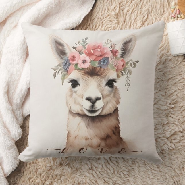Cute Llama Alpaca with Floral say Love  Throw Pillow (Blanket)