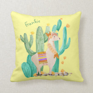 Cute Llama and Cactus Scene - Yellow Personalized Throw Pillow