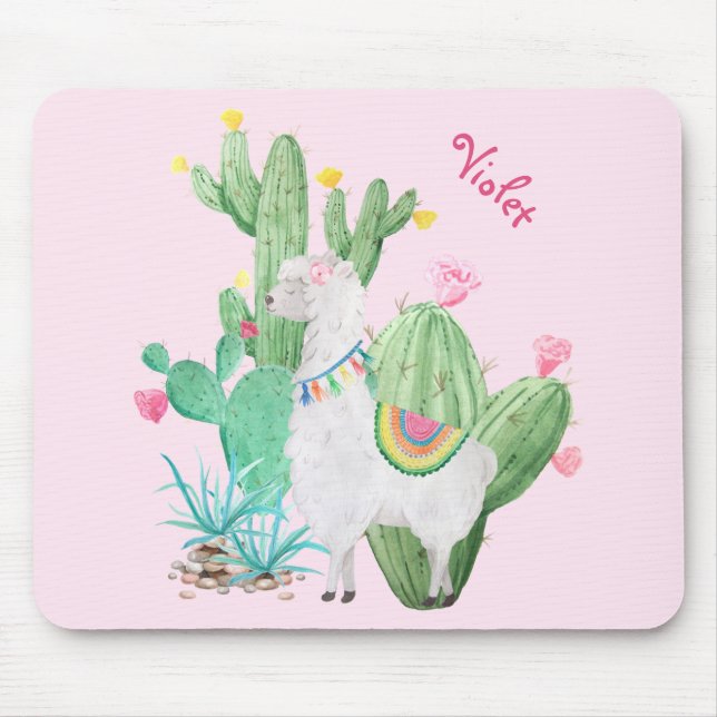 Cute Llama and Cactus Watercolor - Pastel Pink Mouse Pad (Front)