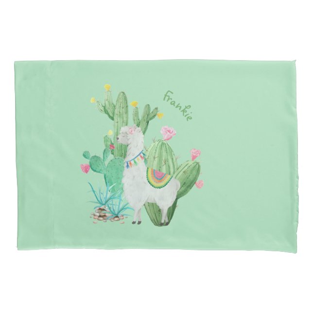 Cute Llama and Cactus Watercolor - Personalized Pillowcase (Front)