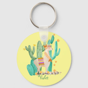 Cute Llama and Cactus with Flowers - Yellow Keychain