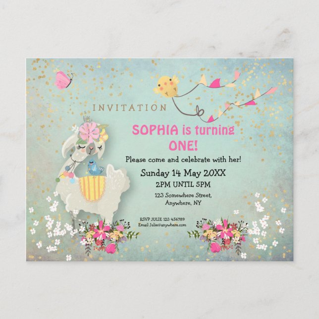 Cute Llama and florals First Birthday Invitation Postcard (Front)