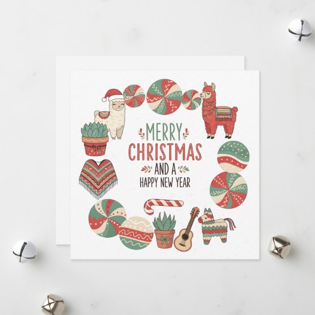 Cute Llama and Poncho Andean Christmas Card (Front/Back In Situ)