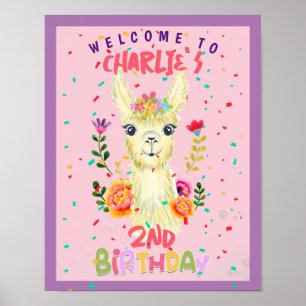 Cute Llama Animal Birthday Party Colorful Mexican Poster