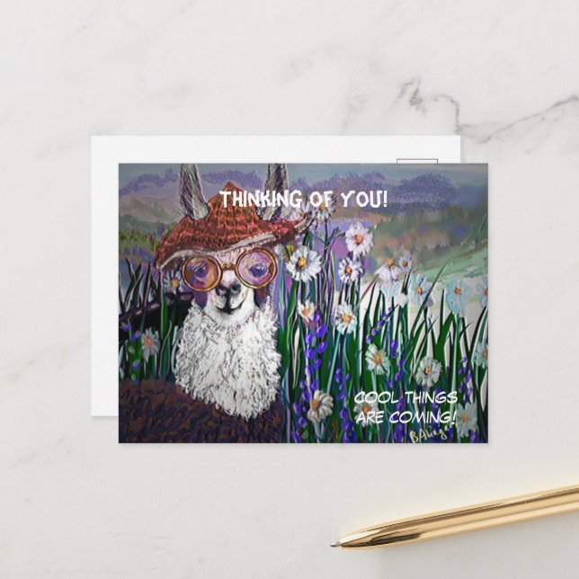 .Cute Llama Art With Glasses. And Art Postcard (Front/Back In Situ)