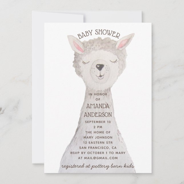 Cute Llama Baby Shower | Neutral Watercolor Alpaca Invitation (Front)