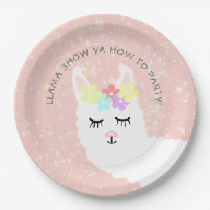 Cute Llama Blush Pink Floral Party Paper Plate