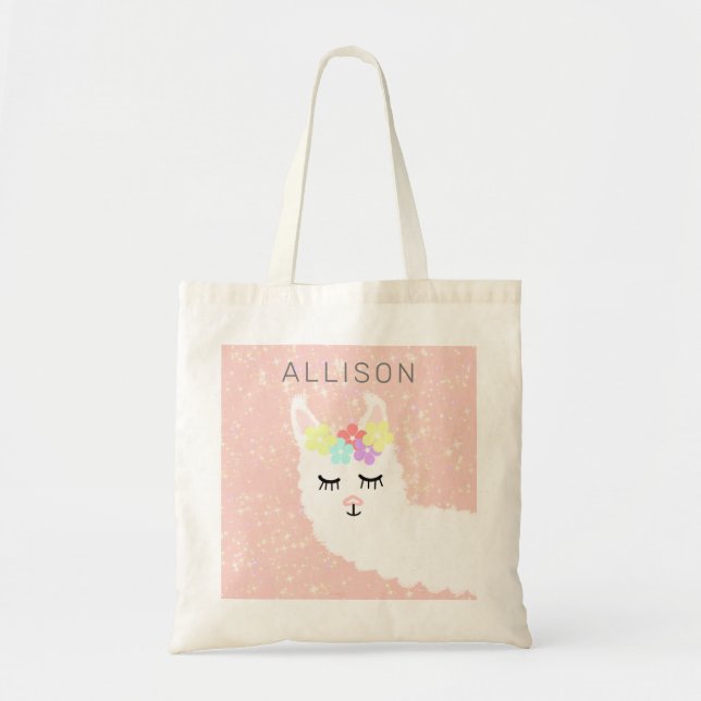 Cute Llama Blush Pink Floral Personalized Tote Bag (Front)