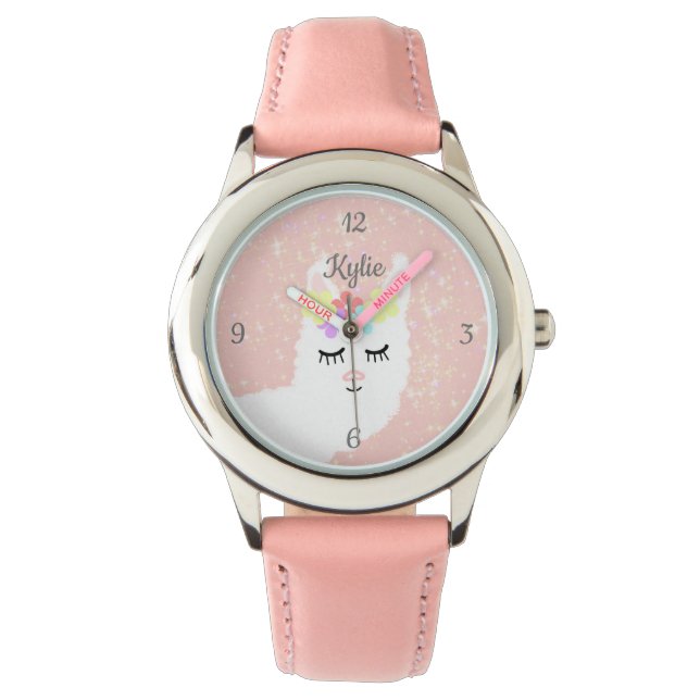 Cute Llama Blush Pink Stars Personalized Watch (Front)