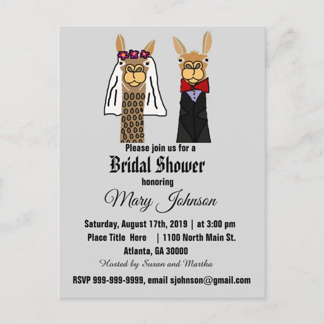 Cute Llama Bride and Groom Bridal Shower Invitation Postcard (Front)