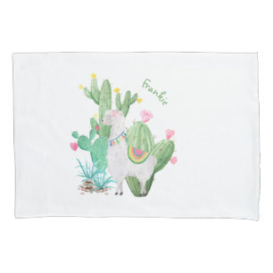 Cute Llama & Cactus Watercolor Personalized White Pillowcase