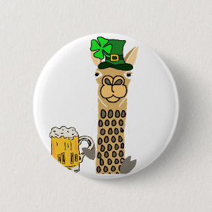 Cute Llama Drinking Beer St. Patrick's Day Cartoon 2 Inch Round Button
