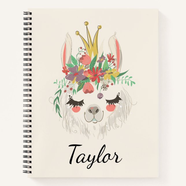 Cute Llama Face Floral Personalized Name Notebook (Front)