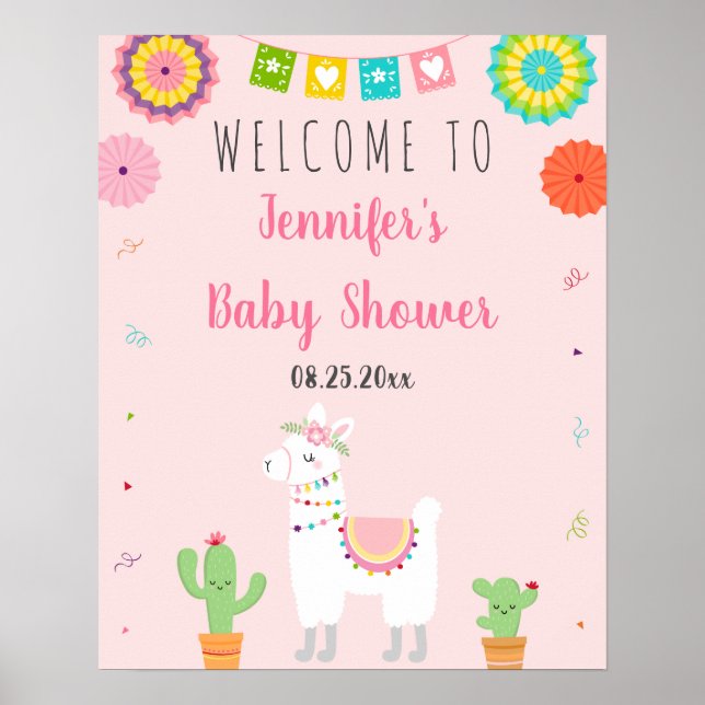 Cute Llama Fiesta Cactus Baby Shower Welcome Poster (Front)