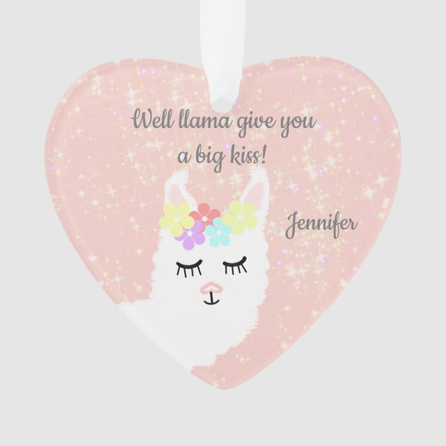 Cute Llama Floral Blush Pink Personalized Ornament (Front)