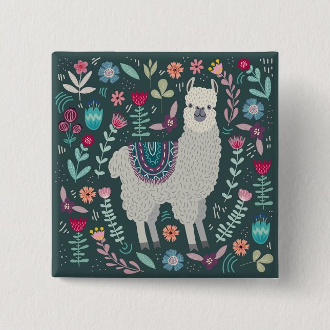 Cute Llama Floral Design 2 Inch Square Button (Front)