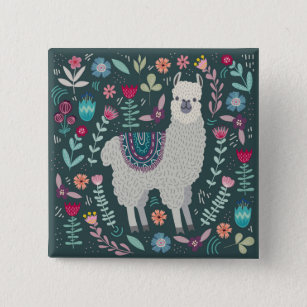 Cute Llama Floral Design 2 Inch Square Button