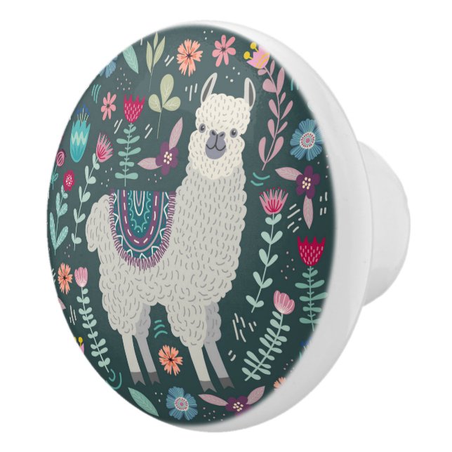 Cute Llama Floral Design Ceramic Knob (Right)