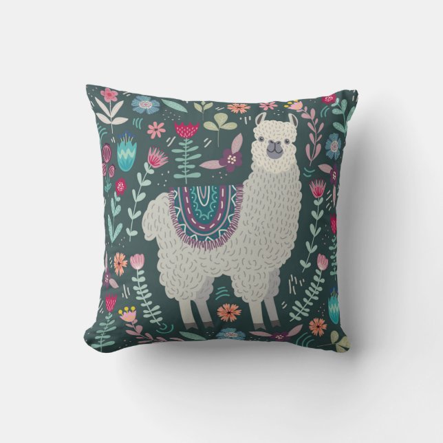 Cute Llama Floral Design Throw Pillow (Front)