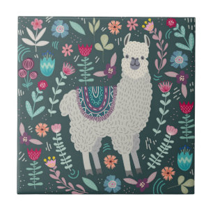 Cute Llama Floral Design Tile