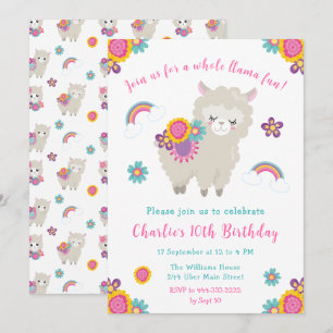 Cute Llama Floral Invitation Anniversaire