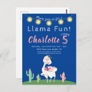 Cute Llama Fun Blue Birthday Party Invitation Postcard