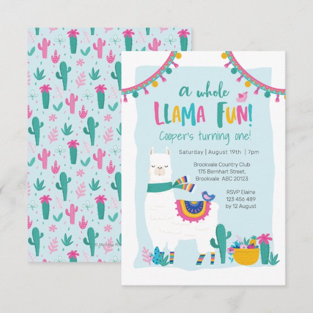 Cute Llama fun cactus Birthday Invitation (Front/Back)
