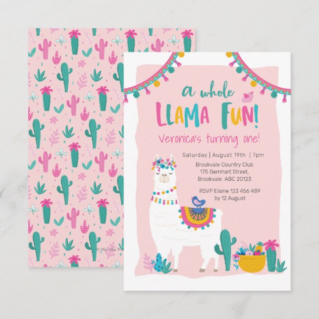 Cute Llama fun cactus Birthday Invitation (Front/Back)