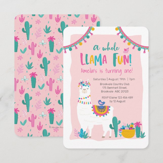 Cute Llama fun cactus Birthday Invitation (Front/Back)