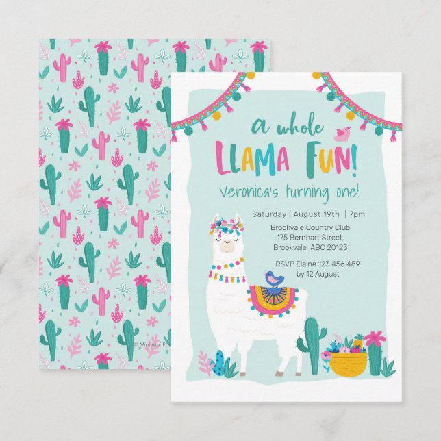 Cute Llama fun cactus Birthday Invitation (Front/Back)