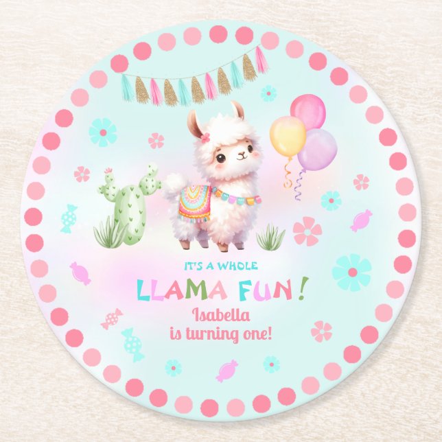 Cute Llama Fun Cactus Colourful Girl Birthday Round Paper Coaster (Front)