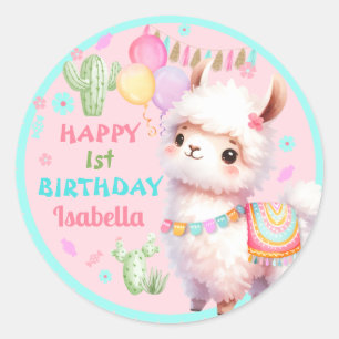 Cute Llama Fun Colourful 1st Girl Birthday Classic Round Sticker