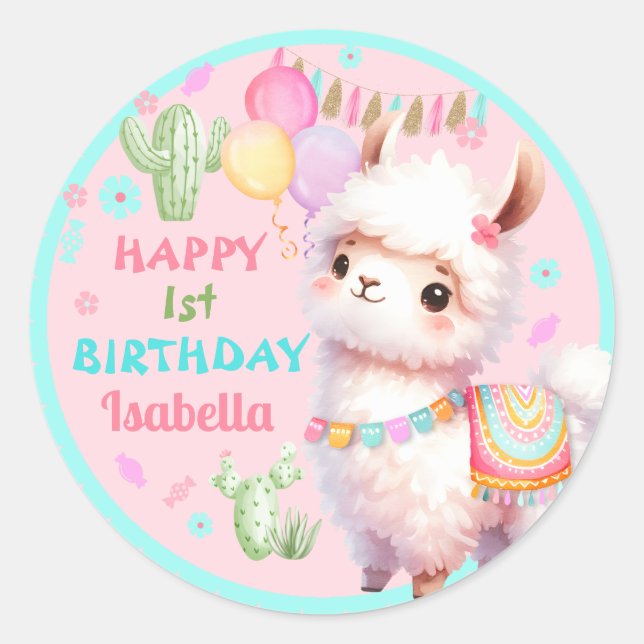 Cute Llama Fun Colourful 1st Girl Birthday Classic Round Sticker (Front)
